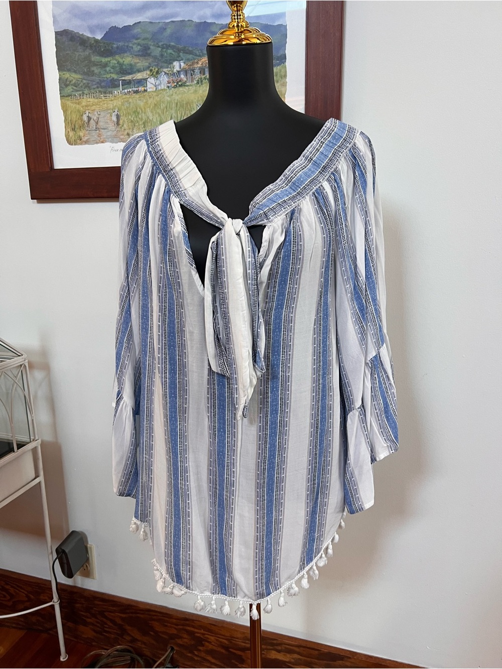 Gypsy Soul Blue and White Striped Tie-Front Peasant Top Cover Up Sm